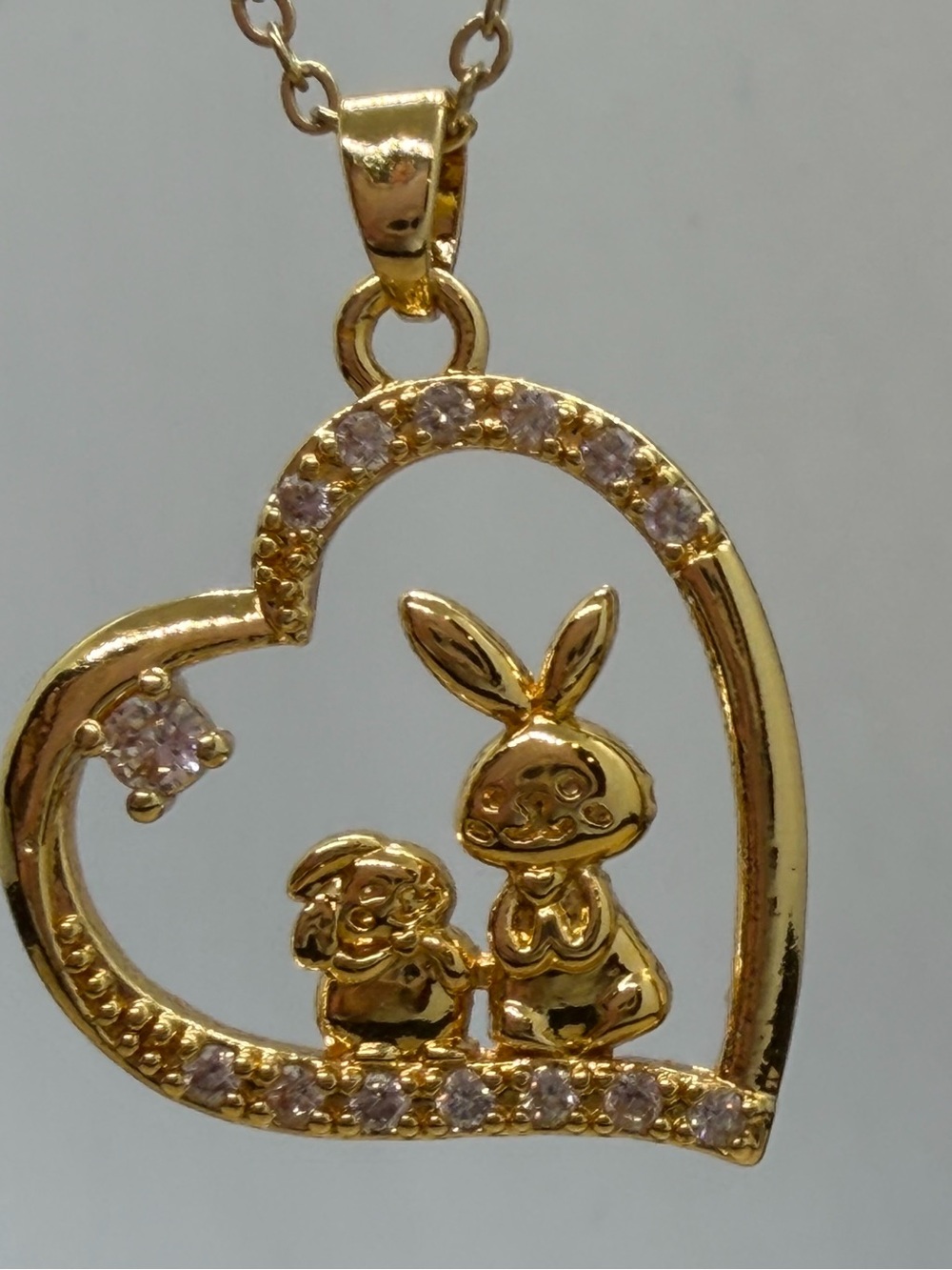 Gold Tone Heart Pendant Necklace with Bunny and Chick